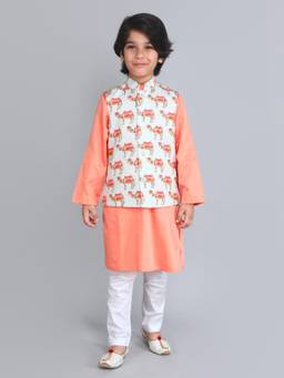 Little Clothings - Peach Pure Cotton Royal Camel Nehru Jacket With Kurta And Churidar