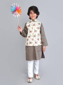 Little Clothings - Taupe Pure Cotton Royal Elephant Nehru Jacket With Kurta And Churidar