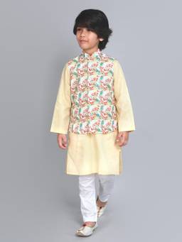 Little Clothings - Yellow Peacock Feather Nehru Jacket With Kurta And Churidar