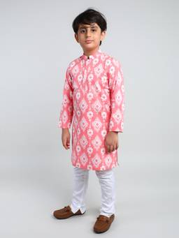Little Clothings - Ikat Print Cotton Kurta And Churidar
