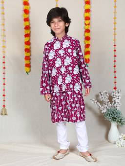 Little Clothings - Magenta Floral Print Cotton Nehru Jacket With Kurta And Churidar