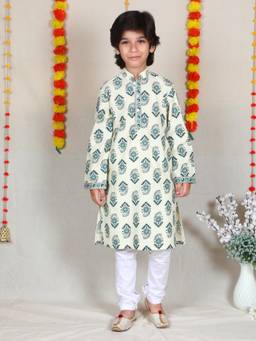 Little Clothings - Ivory Teal Block Print Cotton Kurta And Churidar