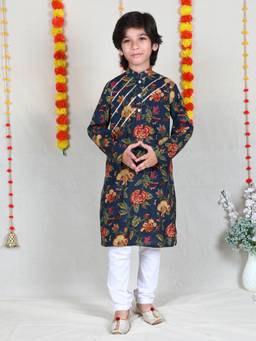 Little Clothings - Navy Blue Floral Print Cotton Kurta And Churidar