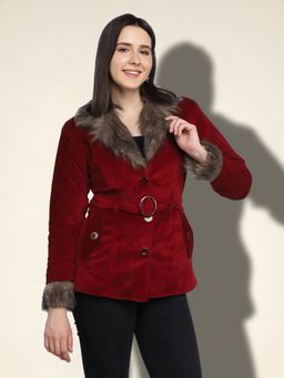 Buynewtrend - Maroon Velvet Lightweight Women Parka Jacket with Waist Belt