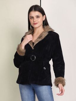 Buynewtrend - Black Velvet Winter Coat Jacket with Waist Belt