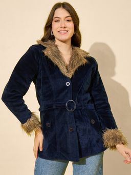 Buynewtrend - Navy Velvet Winter Coat Women Jacket with Waist Belt