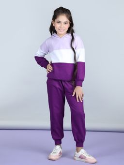 StyleStone - Girls Pink and White Color Blocked Hooded T-Shirt with Joggers