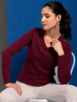FabAlley - Maroon Full Sleeve Embellished Jumper Sweater