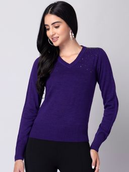 FabAlley - Blue Full Sleeve Embellished Jumper Sweater