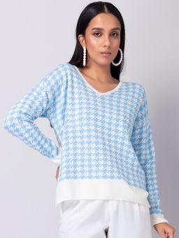 FabAlley - Blue And White Herringbone Jumper Sweater