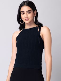 FabAlley - Navy Blue Embellished Knitted Sweater