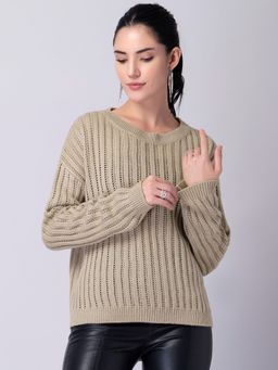 FabAlley - Beige Round Neck Lurex Sweater