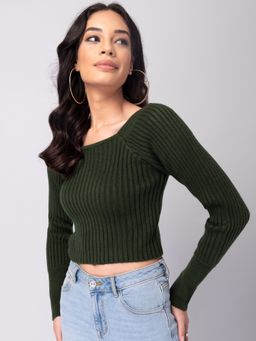 FabAlley - Olive Green Square Neck Crop Sweater