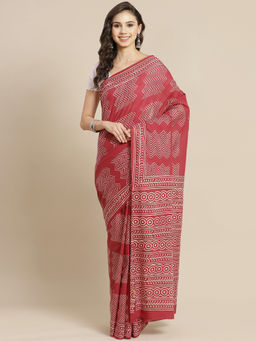Juniper - Maroon Cotton Mulmul Bagru Hand Block Saree With Unstitched Blouse