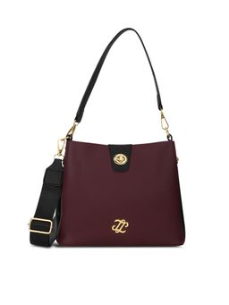 Lavie Signature - Wine Synthetic Leather Colorblock Handbag with Detachable Strap