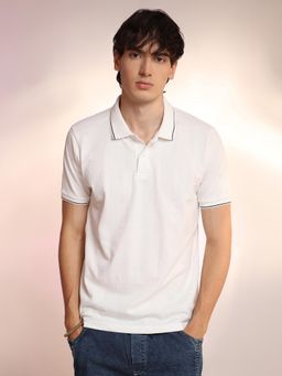 Campus Sutra - Mens Chalk White Lined-Knit Polo T-Shirt