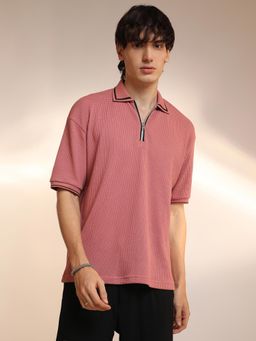 Campus Sutra - Mens Salmon Pink Micro-Waffle Textured Polo T-Shirt