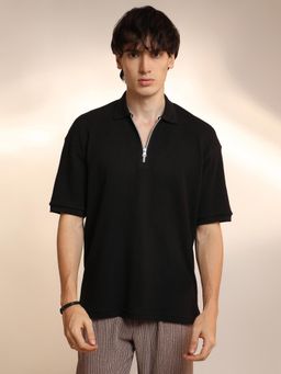 Campus Sutra - Mens Onyx Black Micro-Waffle Textured Polo T-Shirt