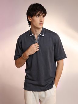 Campus Sutra - Mens Charcoal Grey Micro-Waffle Polo T-Shirt