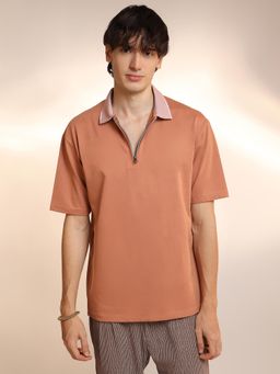 Campus Sutra - Mens Cantaloupe Orange Solid Oversized Polo T-Shirt