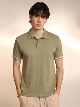 Campus Sutra - Mens Olive Green Textured Polo T-Shirt