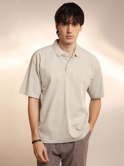 Campus Sutra - Mens Saltbox Beige Ribbed Oversized Polo T-Shirt