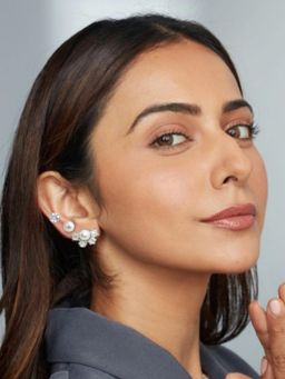 Accessher - Silver Pearl And Crystal Stud Earrings Women (Pack Of 3)