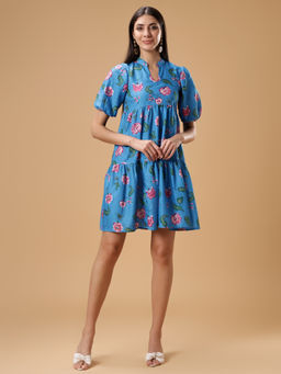 Bani Women - Blue Puff Sleeve Flower Print Short Dress