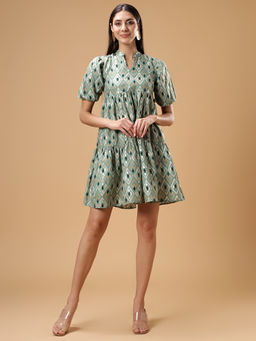 Bani Women - Green Printed Puff Sleeve Short Dress