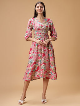 Bani Women - Pink V-Neck Ethnic Printed A-Line Midi Dress