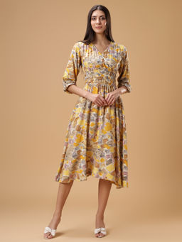 Bani Women - Yellow V-Neck Ethnic Printed A-Line Midi Dress