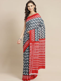Juniper - Indigo Cotton Mulmul Bagru Print Saree With Unstitched Blouse
