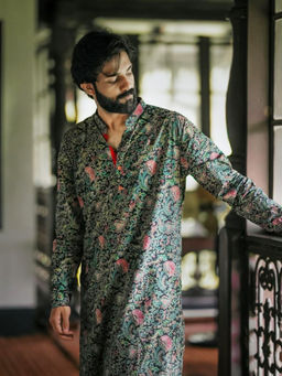 KISAH - Men Black Printed Cotton Blend Kurta Dhoti Set with Kantha Print