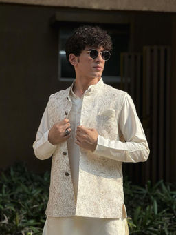 KISAH - White Solid Handloom Kurta with Churidar and Nehru Jacket (Set of 3)