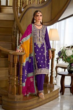 Autumnlane - Purple Embroidered Kurta with Pant and Dupatta (Set of 3)