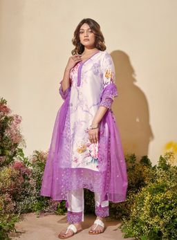 Autumnlane - Purple Floral Anarkali Kurta with Pant and Dupatta (Set of 3)