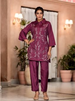 Autumnlane - Plum Purple Embroidered Tunic and Pant (Set of 2)