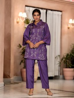 Autumnlane - Purple Embroidered Tunic and Pant (Set of 2)