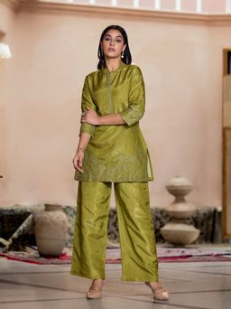 Autumnlane - Green Embroidered Tunic and Palazzo (Set of 2)
