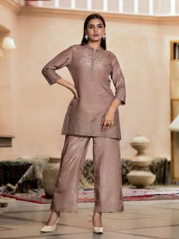 Autumnlane - Brown Embroidered Tunic and Palazzo (Set of 2)