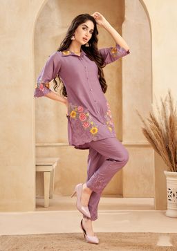 Autumnlane - Purple Floral Embroidered Shirt and Pant (Set of 2)
