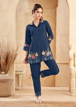 Autumnlane - Blue Floral Embroidered Shirt and Pant (Set of 2)
