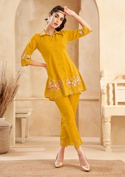 Autumnlane - Yellow Floral Embroidered Shirt and Pant (Set of 2)