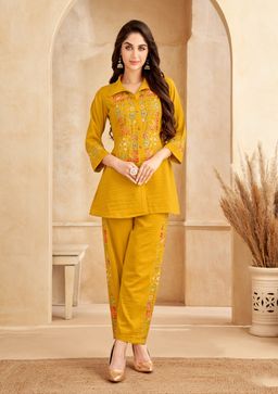 Autumnlane - Yellow Floral Embroidered Shirt and Pant (Set of 2)