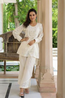 Autumnlane - White Embroidered Tunic and Pant (Set of 2)