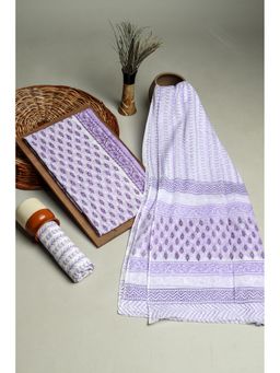 KISHORI - Printed Cotton Unstitched Salwar Suit Dress Material 3 Piece Set - White & Purple