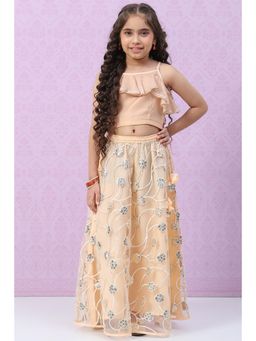 Biba - Girls Light Peach Art Silk Layered Lehenga and Blouse