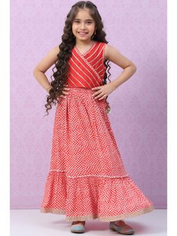 Biba - Girls Red Art Silk Printed Gota Work Lehenga and Choli