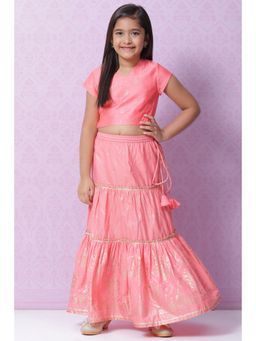 Biba - Girls Peach Art Silk Floral Printed Lehenga and Choli