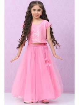 Biba - Girls Pink Viscose Foil Print Lehenga and Choli